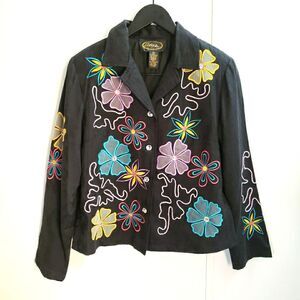 Alex Kim Jacket Womens Petite Medium Black Floral Blazer Embroidered Art To Wear